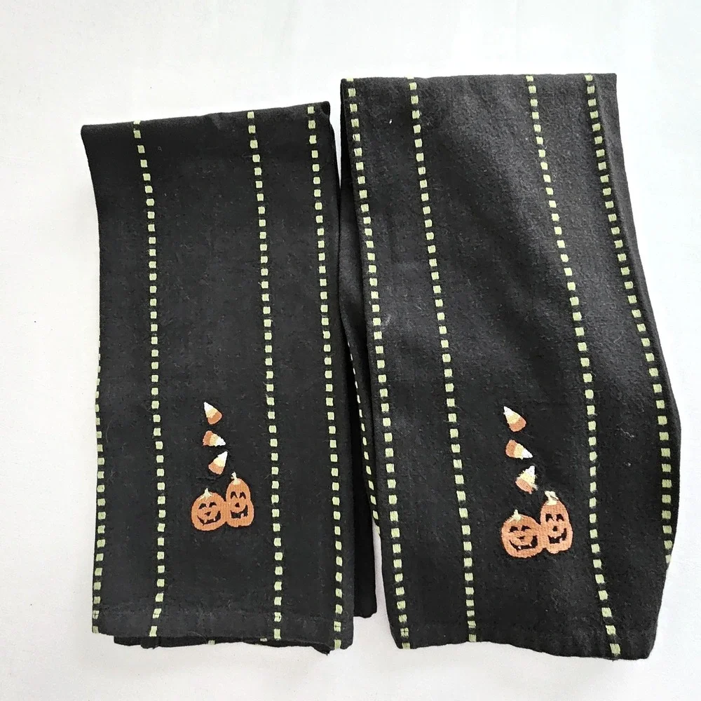 DII Halloween Kitchen Towels Set of 2 Black Green Pumpkin Candy Corn Embroidered